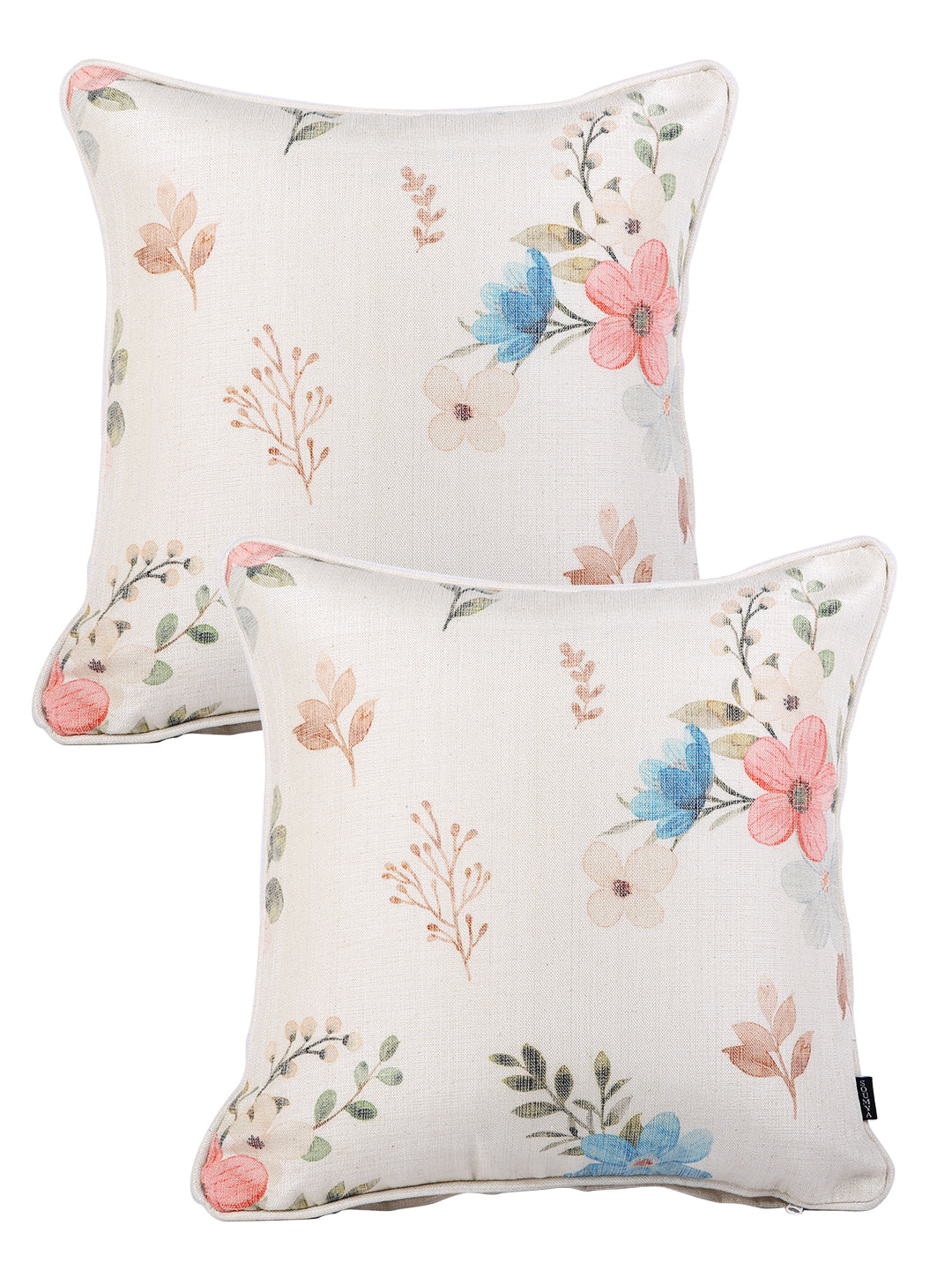 Soumya White & Blue 2 Pieces Floral Textured Cotton Square Cushion Covers