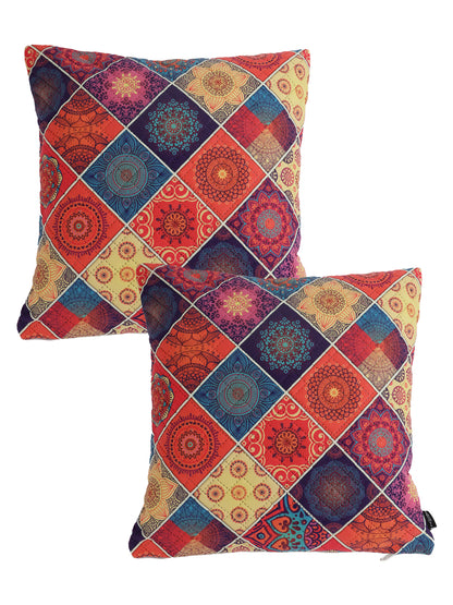 Soumya Maroon & Blue 2Pcs  Geometric Velvet Square Cushion Covers