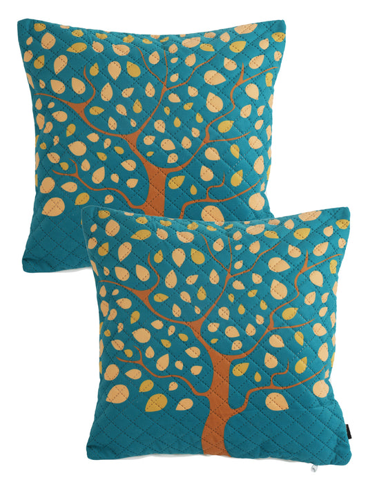 Stylish Turquoise Blue Color Floral Printed Quilted Square Velvet Cushion Covers - 2 Pcs