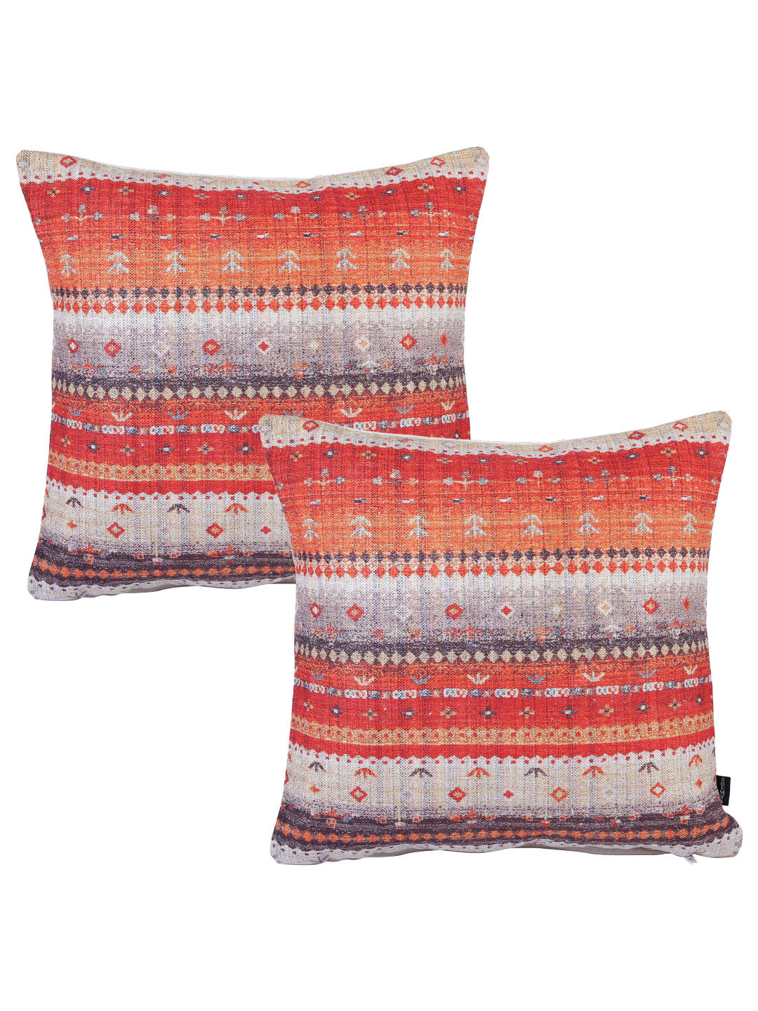 Stylish Orange & White Color Ethnic Motifs Pattern Square Cushion Covers - 2pcs