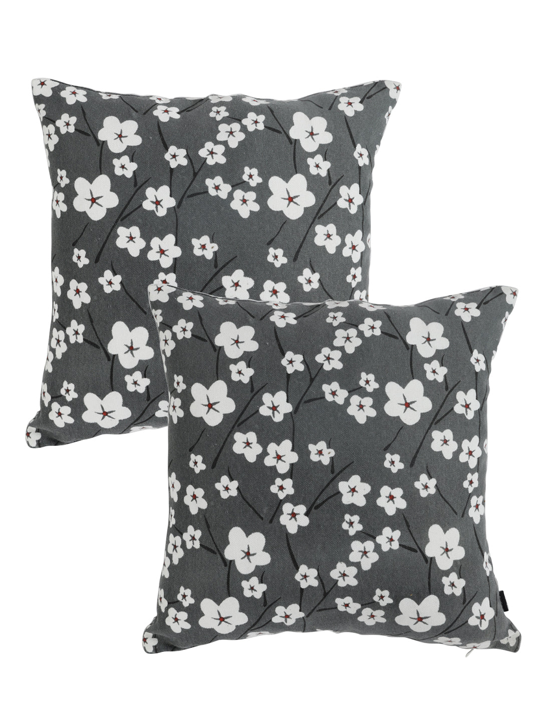 Soumya Black & Grey 2 Pieces Floral Printed Quilted Square Pure Cotton Cushion Covers