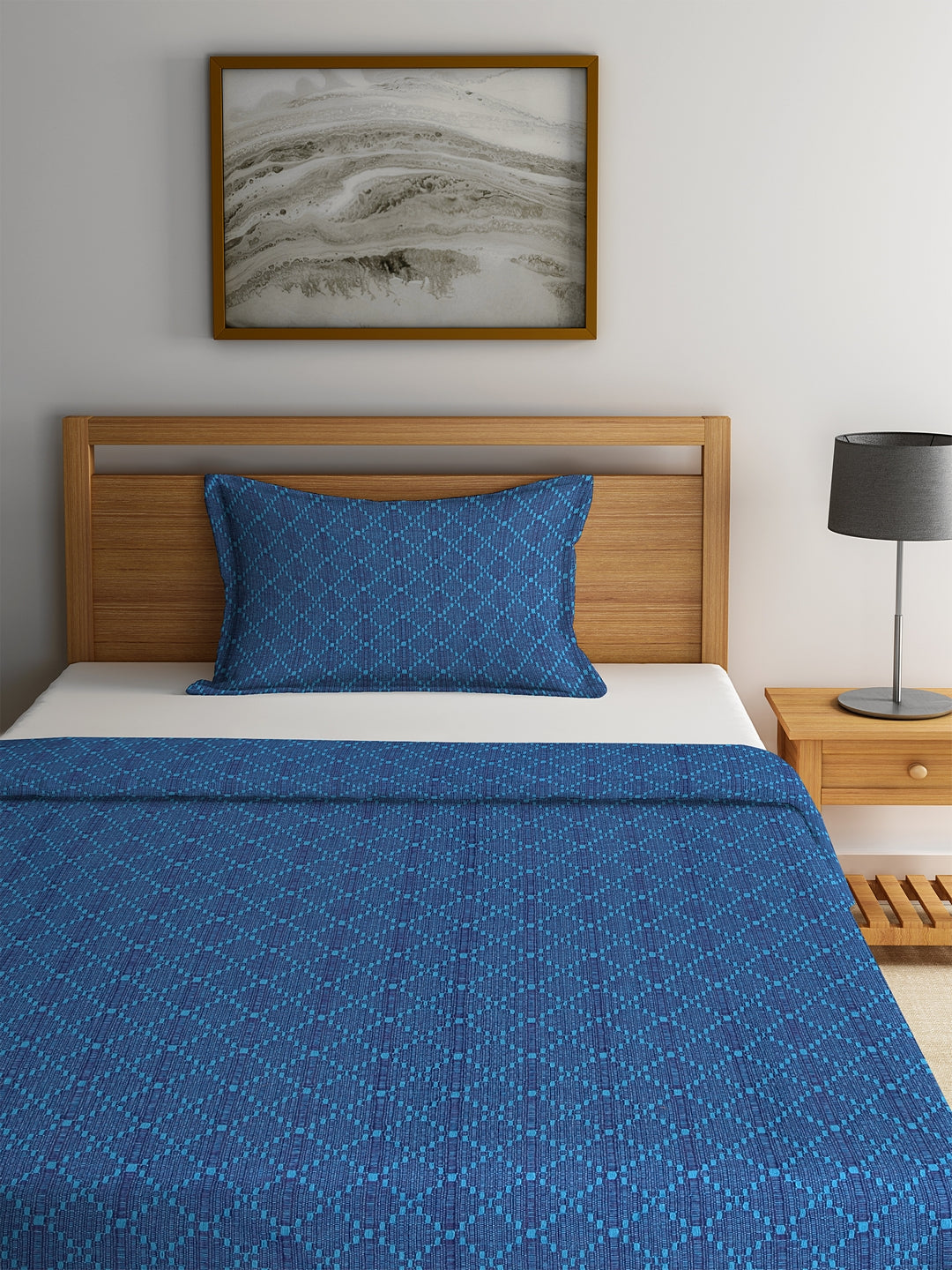 Set of 2 Self Check Design Premium Cotton Blue Color Single Bedcover Set, 1 Single Bedcover, with 1 Pillow Cover