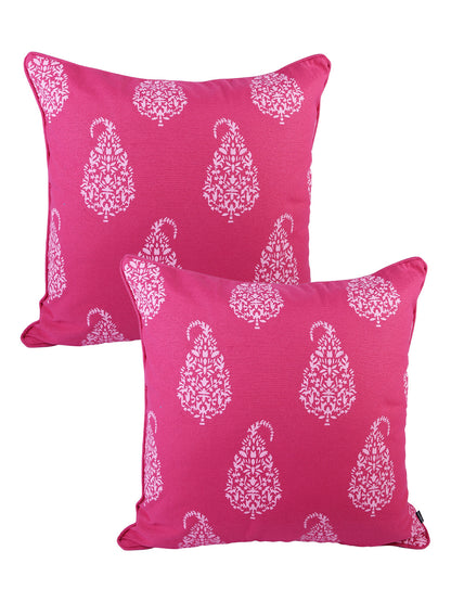 Soumya 2 Pieces Fuchsia Pink & White Ethnic Motifs Pure Cotton Square Cushion Covers