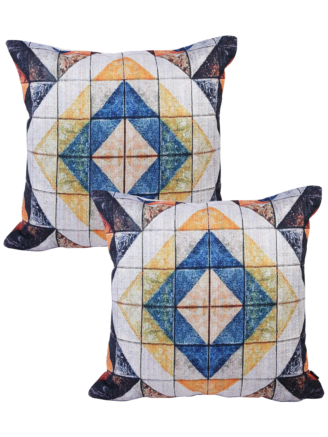 Soumya Blue & Yellow 2 Pieces Geometric Square Cushion Covers