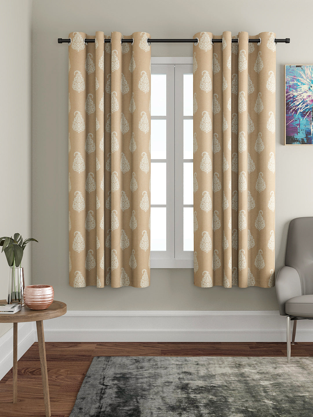 Soumya Floral Cotton Paisley Design Beige Eyelet Curtain, Pack of 1