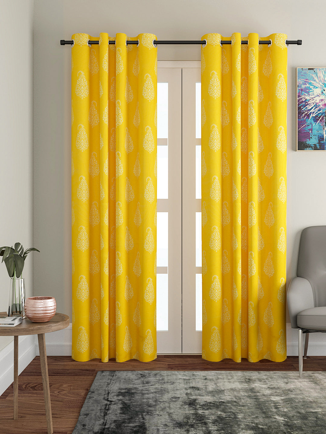 Soumya Floral Cotton Paisley Design Yellow Eyelet Curtain, Pack of 1