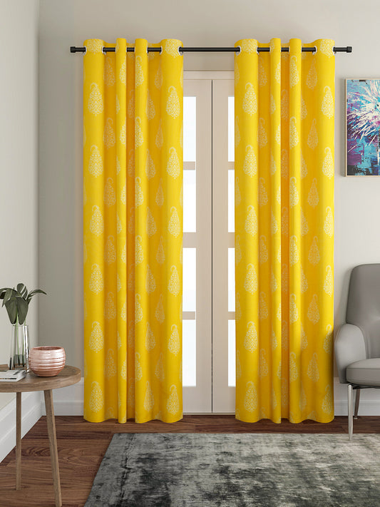 Soumya Floral Cotton Paisley Design Yellow Eyelet Curtain, Pack of 1