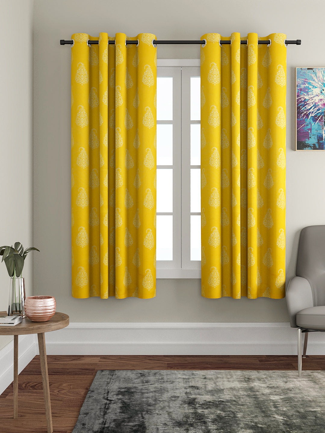 Soumya Floral Cotton Paisley Design Yellow Eyelet Curtain, Pack of 1