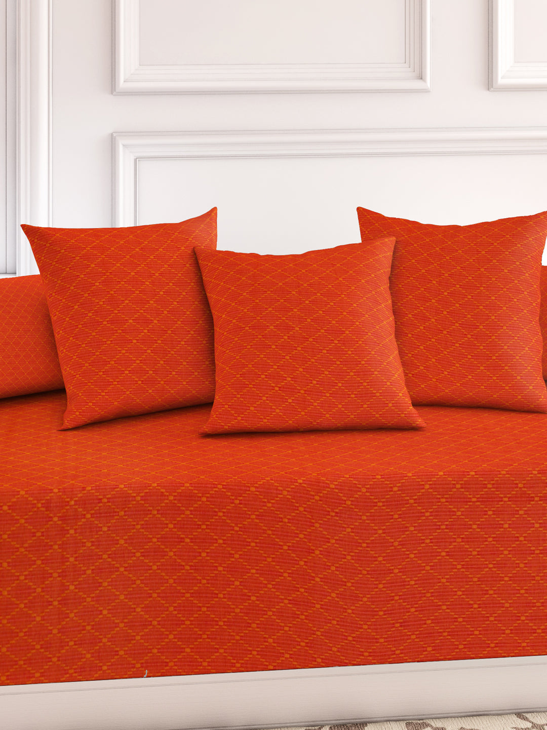 Mix n Match Premium Cotton Geometric Design Rust Color Diwan Set, 1 Diwan Sheet, 2 Bolster Cover, 3 Cushion Covers