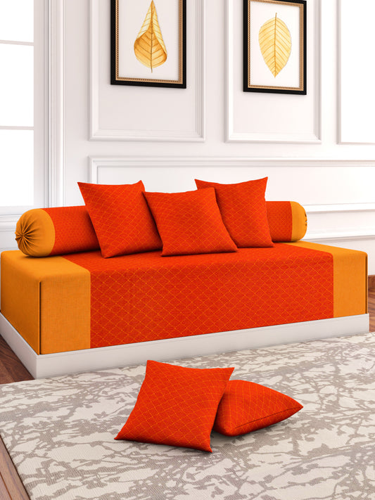 Mix n Match Premium Cotton Geometric Design Rust Color Diwan Set, 1 Diwan Sheet, 2 Bolster Cover, 3 Cushion Covers