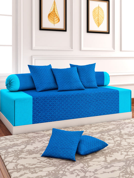 Mix n Match Premium Cotton Geometric Design Blue Color Diwan Set, 1 Diwan Sheet, 2 Bolster Cover, 3 Cushion Covers