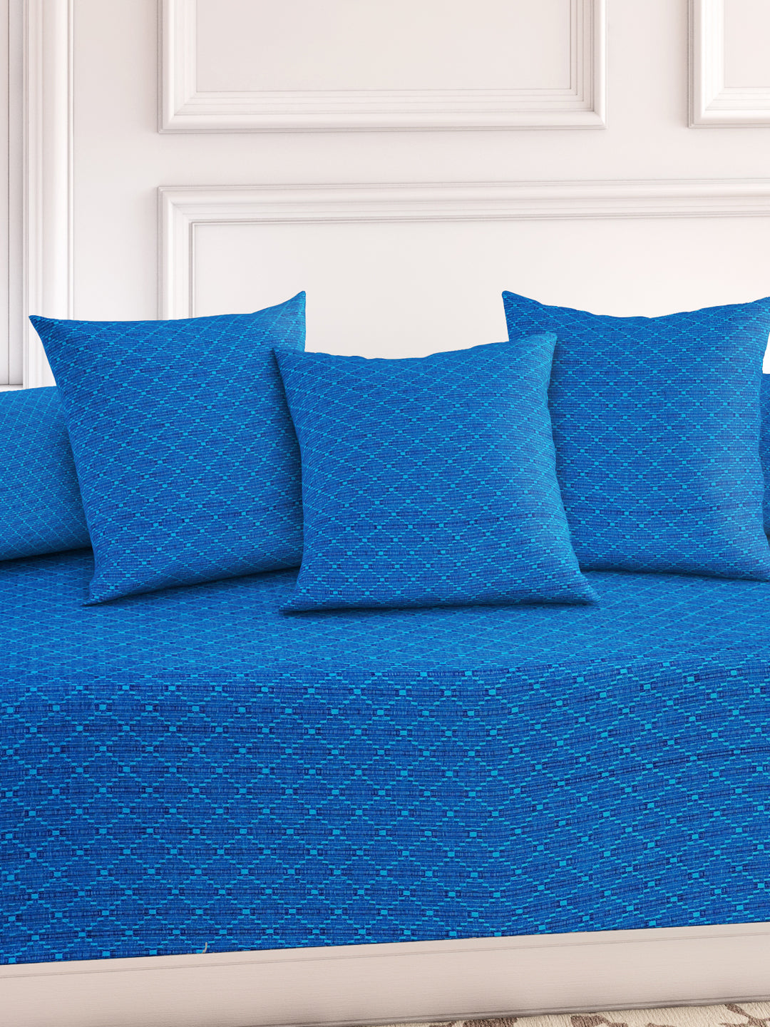 Mix n Match Premium Cotton Geometric Design Blue Color Diwan Set, 1 Diwan Sheet, 2 Bolster Cover, 3 Cushion Covers