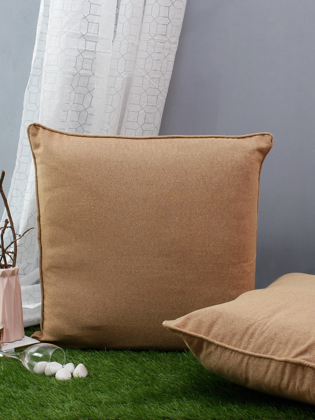 Set of 2 Premium Cotton Solid Beige Color Cushion Cover Set, 2 pc Cushion Cover