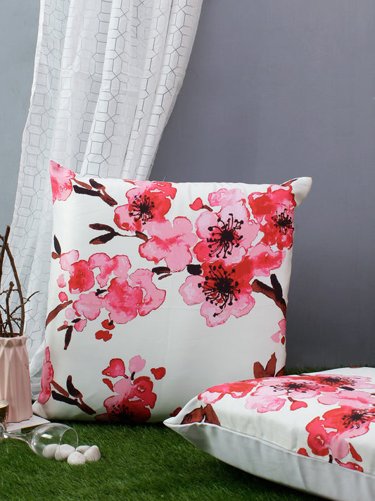 Set of 2 Digital Print Satin Finish Fabric Floral Pink Color Cushion Cover Set, 2 pc Cushion Cover