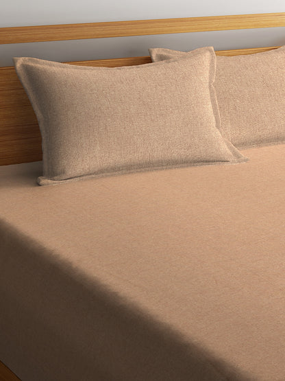 Set of Beige Color Solid Pattern Cotton Double Bedcover Set, 1 Double Bedcover, with 2 Pillow Cover