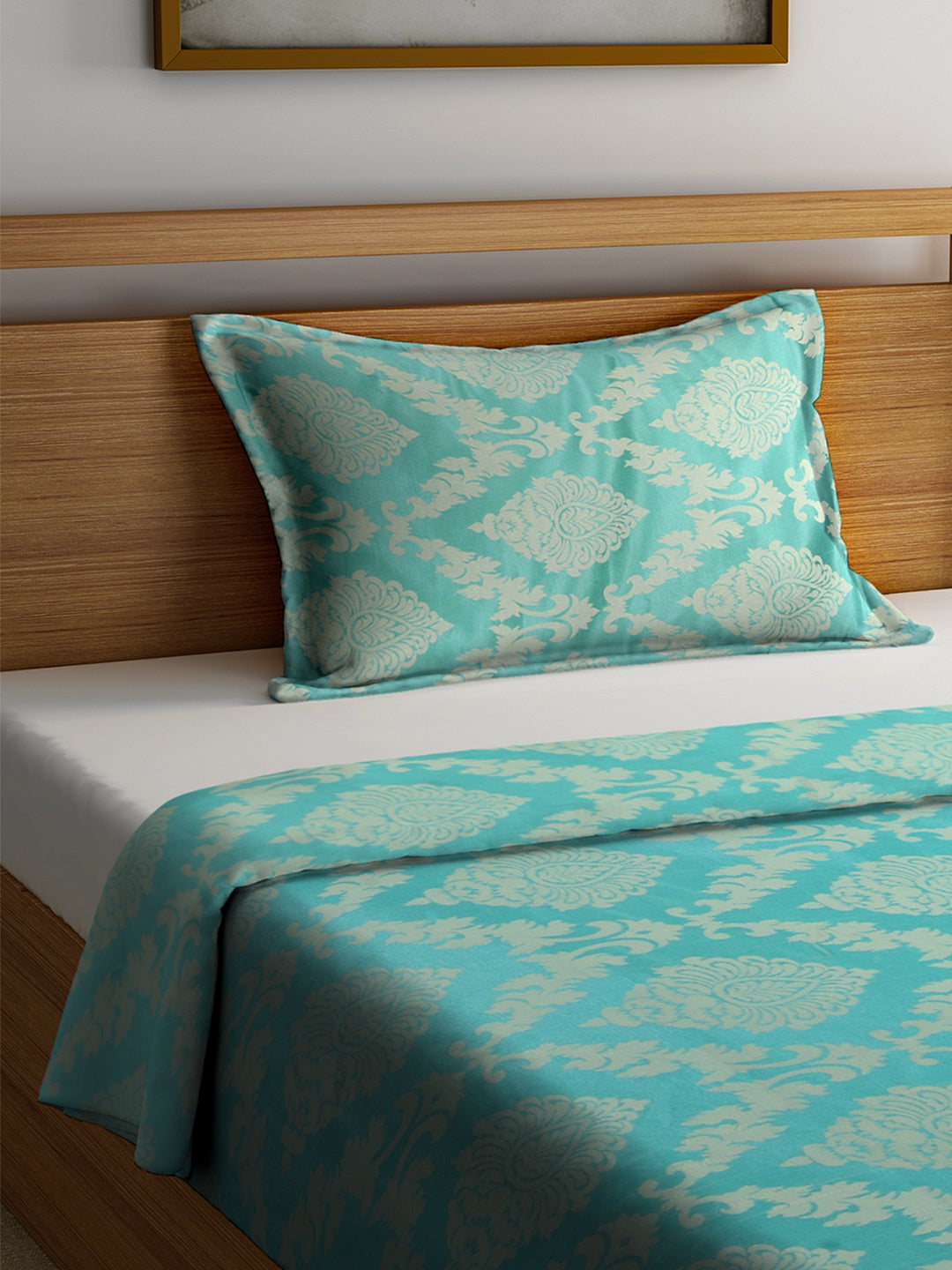 Set of 2 Satin Weaving Turquoise Color Single Bedcover Set, 1 Single Bedcover, with 1 Pillow Cover
