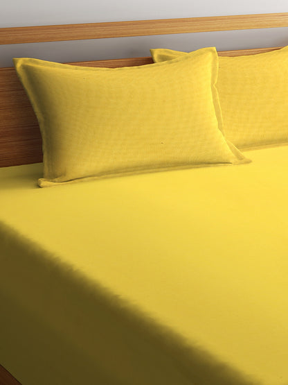 Set of 3 Yellow Color Solid Pattern Cotton Double Bedcover Set, 1 Double Bedcover, with 2 Pillow Cover