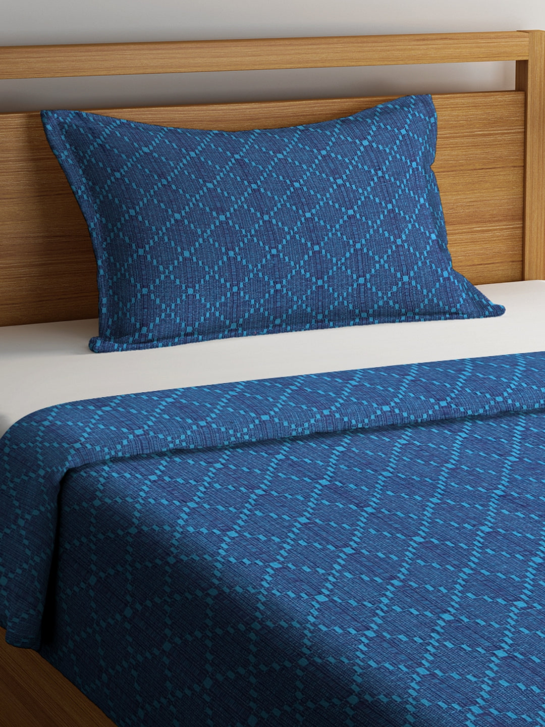 Set of 2 Self Check Design Premium Cotton Blue Color Single Bedcover Set, 1 Single Bedcover, with 1 Pillow Cover