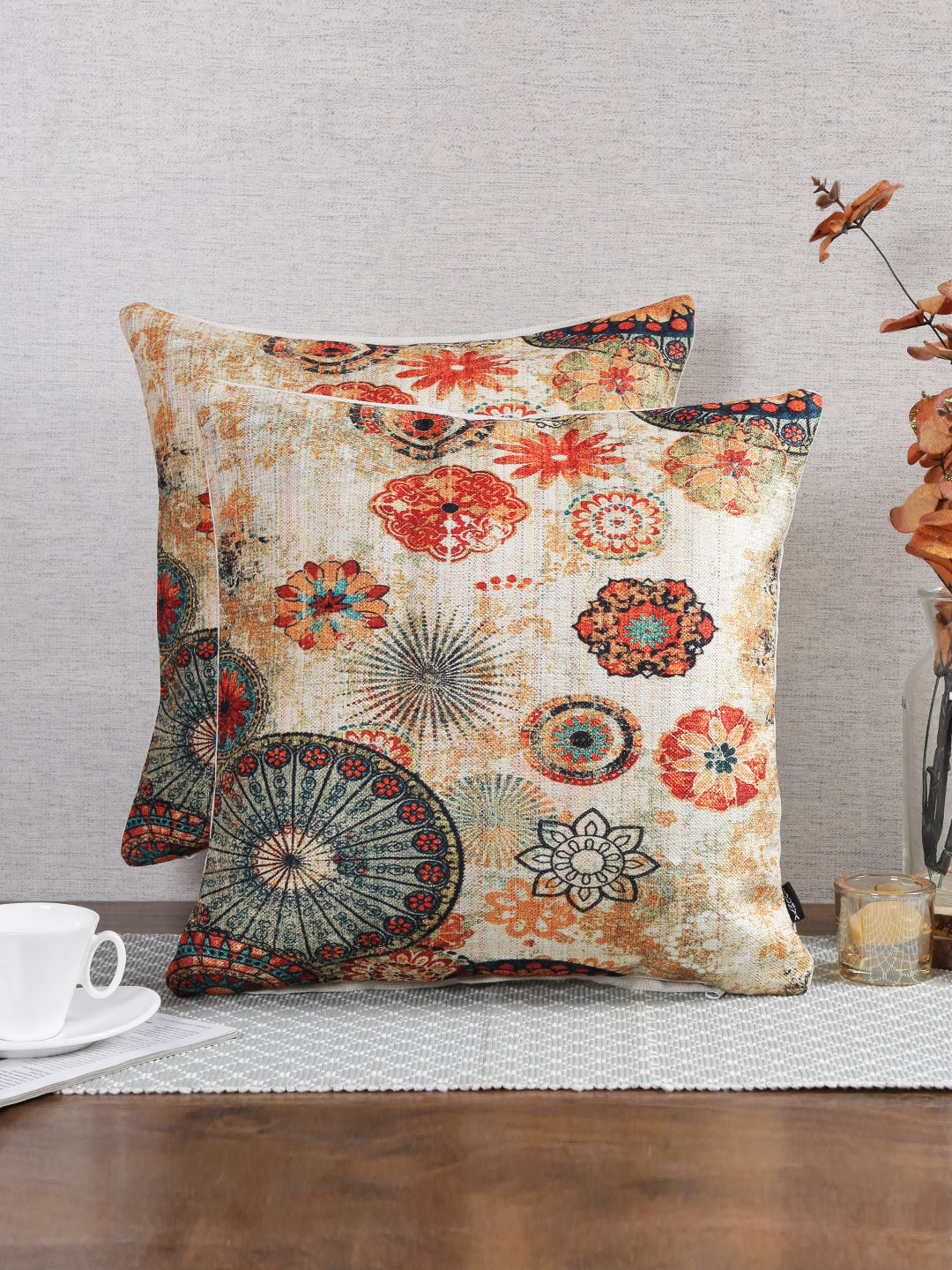 Stylish Orange & Blue Color Floral Printed Square Cushion Covers - 2pcs