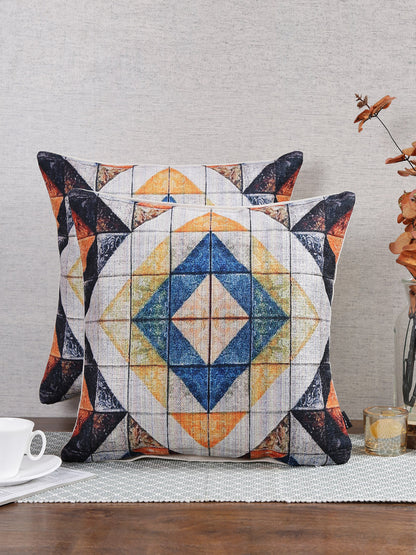 Stylish Blue & White Color Geometric Printed Square Cushion Covers - 2pcs