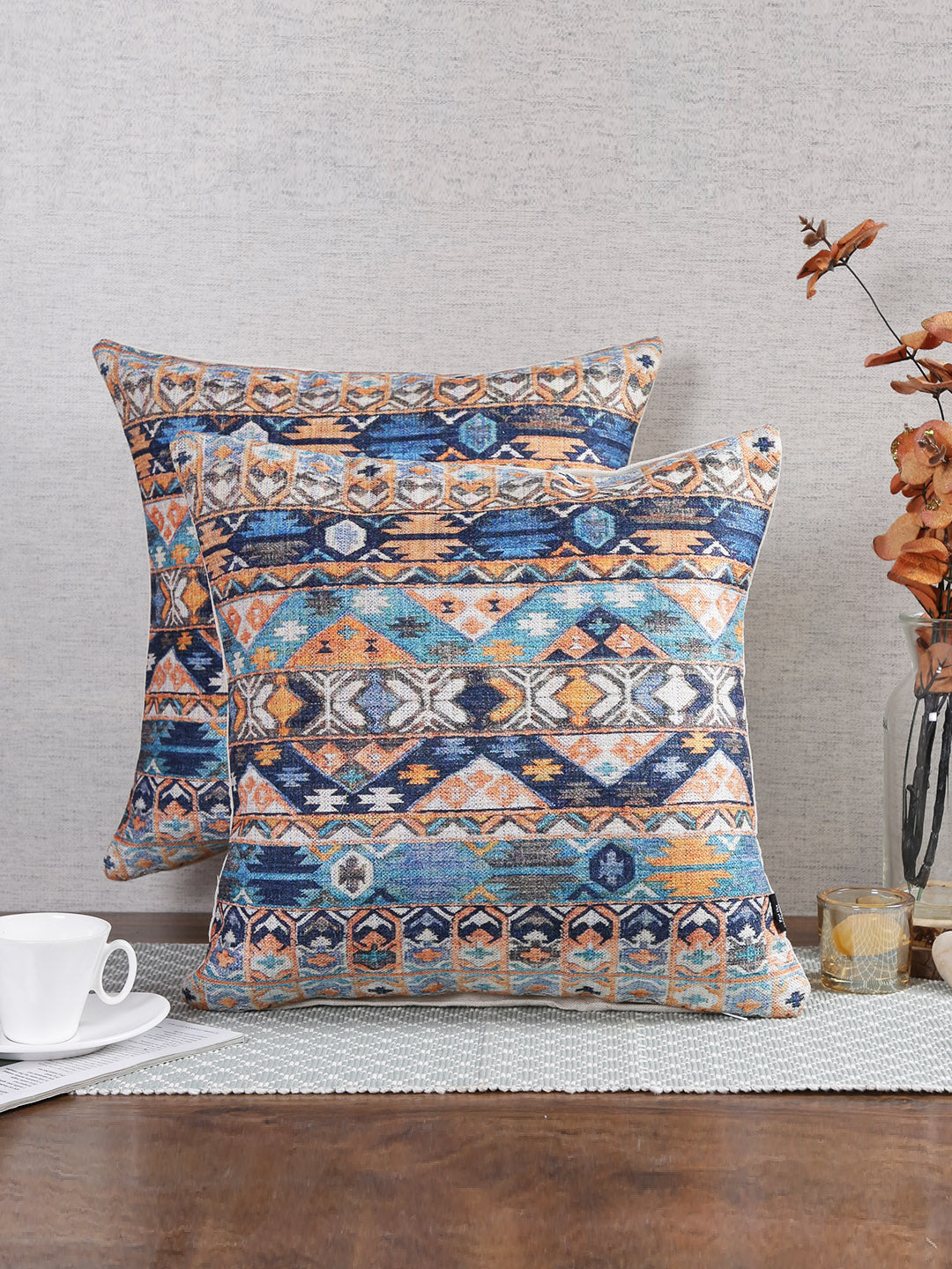 Stylish Turquoise Blue & White Color Ethnic Motifs Square Cushion Covers - 2pcs