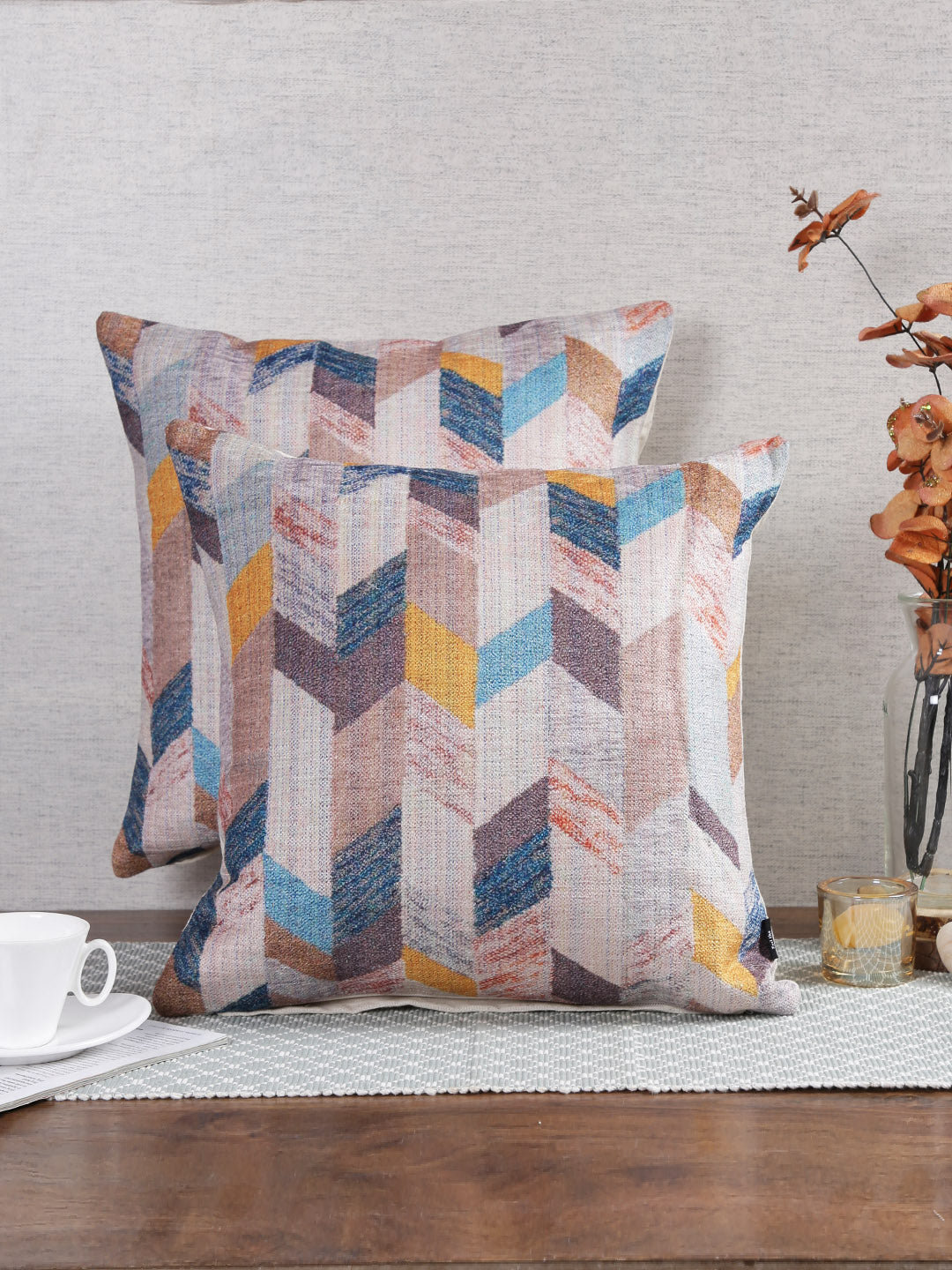 Stylish Grey & White Color Geometric Pattern Square Cushion Covers - 2pcs