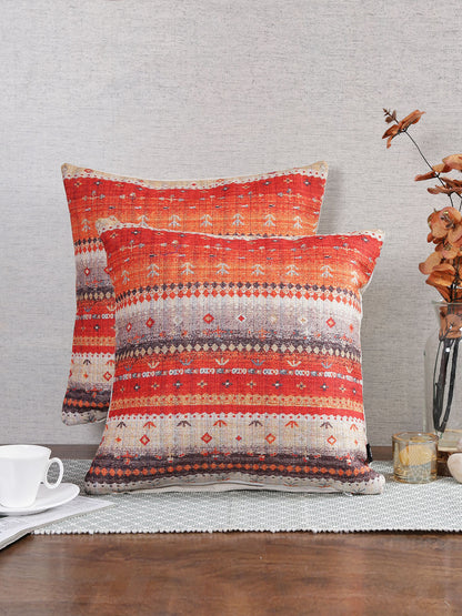 Stylish Orange & White Color Ethnic Motifs Pattern Square Cushion Covers - 2pcs