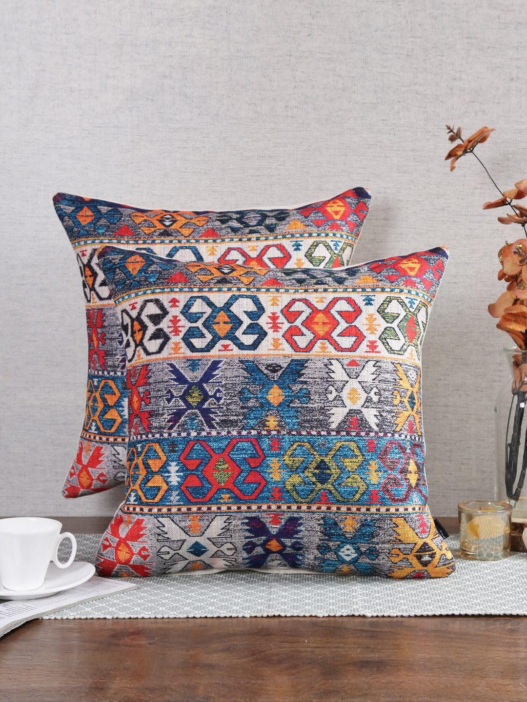 Stylish Navy Blue & White Color Ethnic Motifs Pattern Square Cushion Covers - 2pcs