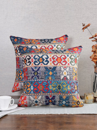 Stylish Navy Blue & White Color Ethnic Motifs Pattern Square Cushion Covers - 2pcs