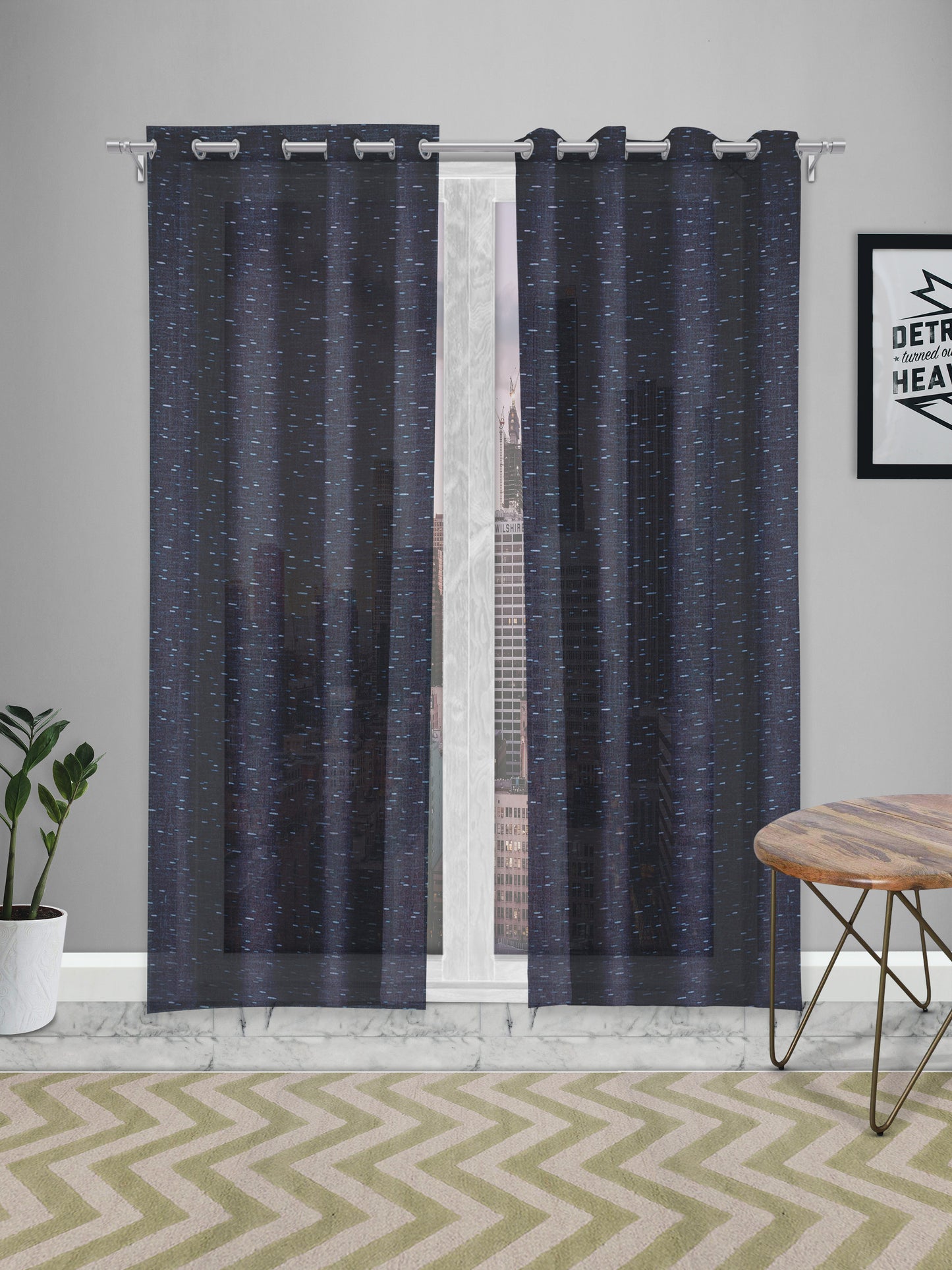 Sheer printed curtain in Navy Blue color made with  Polylinen Material , Curtain - 1 pc