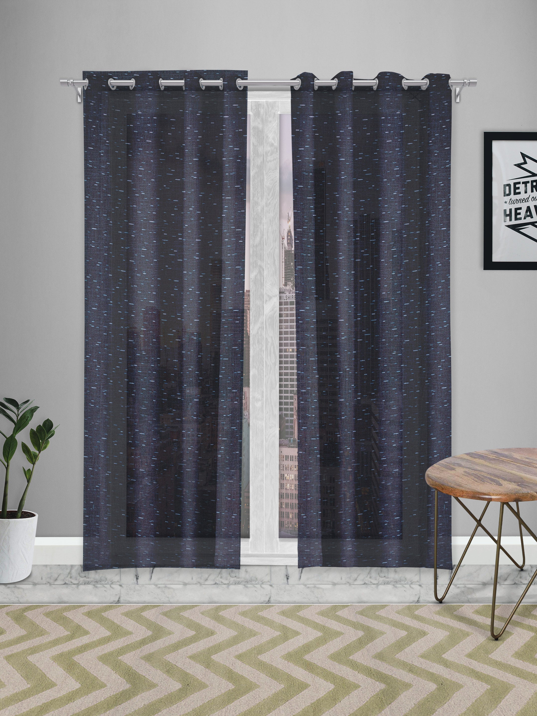 Sheer printed curtain in Navy Blue color made with  Polylinen Material , Curtain - 1 pc