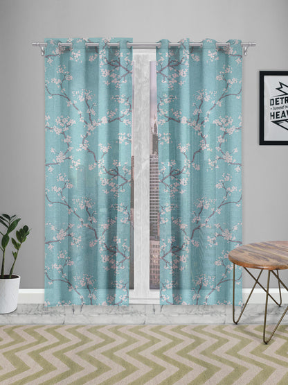 Sheer Printed Curtain in Firozi/White color made with Polylinen Material , Curtain - 1 pc