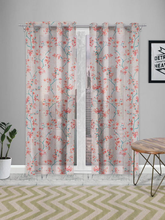 Sheer printed curtain in Red/Orange color made with  Polylinen Material , Curtain - 1 pc