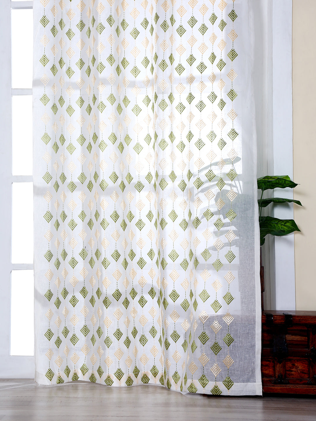 Embroidered Sheer Curtain in Green color made with Polylinen Material , Curtain - 1 pc