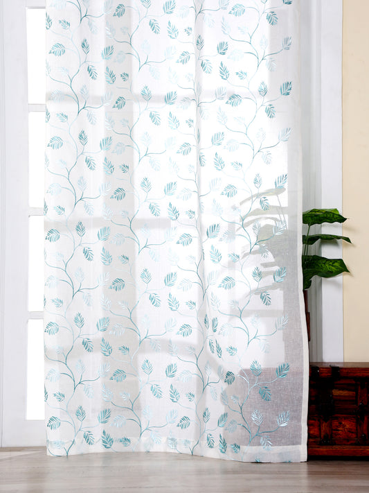 Embroidery Sheer curtain in White & Turquoise Blue color made with  Polylinen Material , Curtain - 1 pc