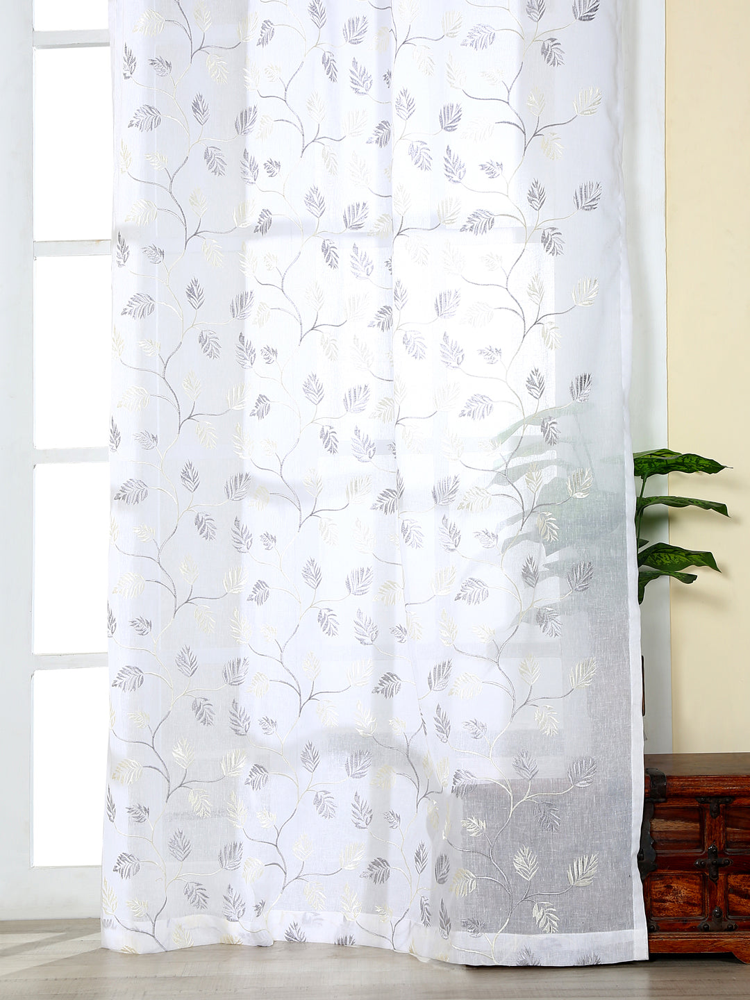 Embroidery sheer Curtain in Grey color made with  Polylinen Material , Curtain - 1 pc