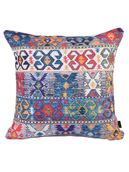 Stylish Navy Blue & White Color Ethnic Motifs Pattern Square Cushion Covers - 2pcs