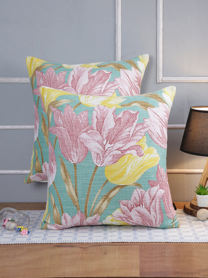 Soumya Blue & Pink 2 Pieces Floral Square Cushion Covers