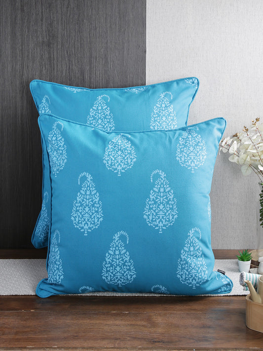 Soumya Turquoise 2 Pieces Blue & White Ethnic Motifs Pure Cotton Square Cushion Covers