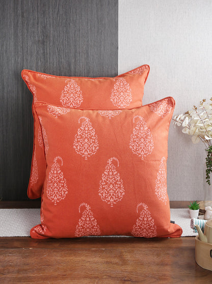 Soumya 2 Pieces Rust Orange & White Ethnic Motifs Pure Cotton Square Cushion Covers