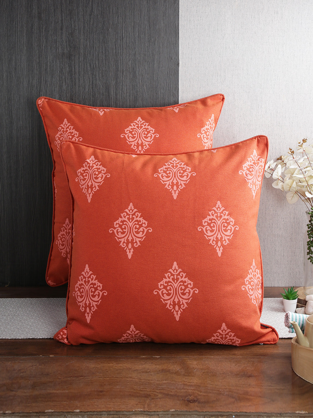 Soumya Orange & White Set of 2 Ethnic Motifs Square Cushion Covers