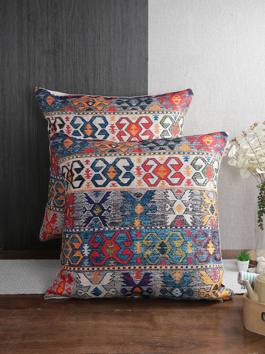 Soumya Navy Blue & White 2 Pieces Geometric Square Cushion Covers