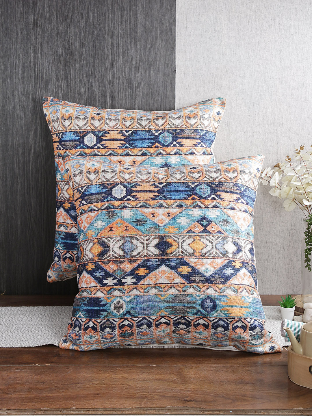 Soumya 2 Pieces Turquoise Blue & Orange Ethnic Motifs Square Cushion Covers