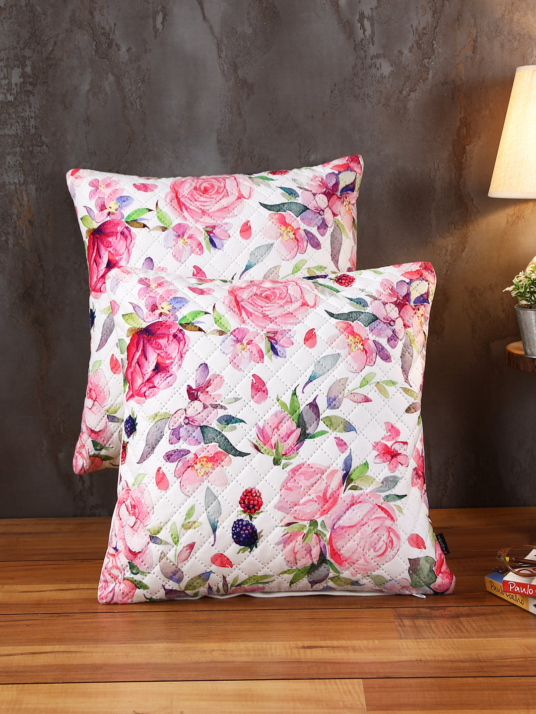 Soumya Pink & White 2 Pcs Floral Square Cushion Covers