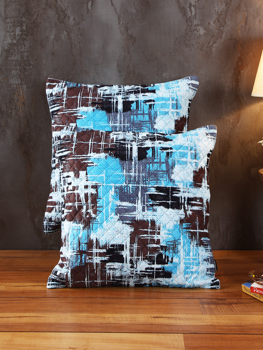 Soumya Turquoise Blue & Brown 2 Pieces Abstract Printed Square Cushion Covers