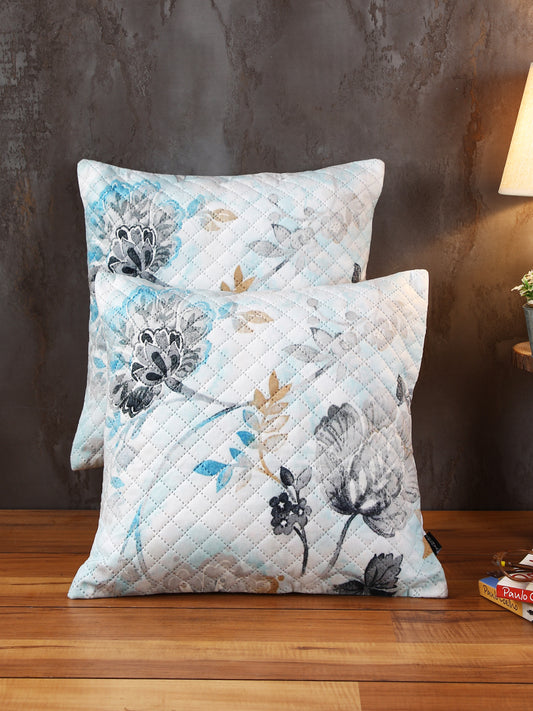 Soumya Grey & Blue 2 Pcs Floral Square Cushion Covers