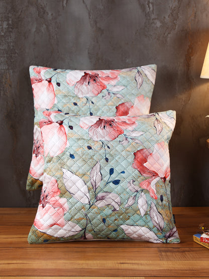 Soumya Green & Pink 2 Pieces Floral Printed Square Cushion Covers