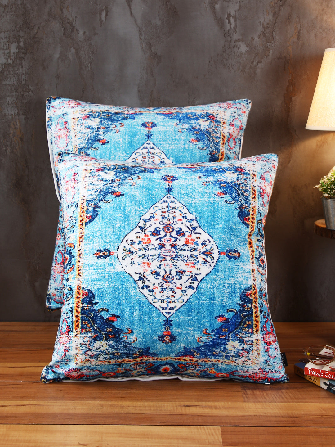 Soumya Turquoise Blue & White 2 Pcs Ethnic Motifs Square Cushion Covers