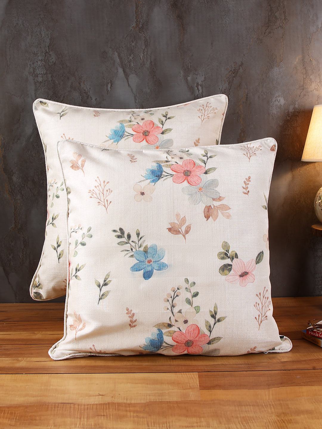 Soumya White & Blue 2 Pieces Floral Textured Cotton Square Cushion Covers