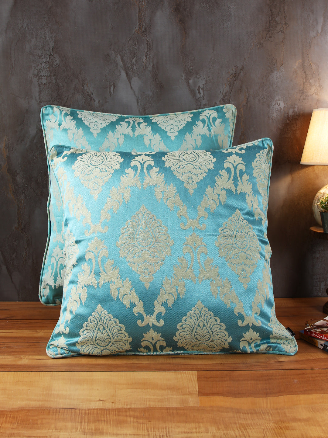 Soumya Turquoise Blue & White 2 Pieces Ethnic Motifs Textured Cotton Square Cushion Covers